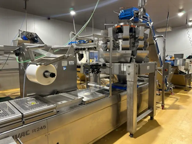 Weighing and vacuum packing line for French fries, built by STC Food Solutions in Portugal